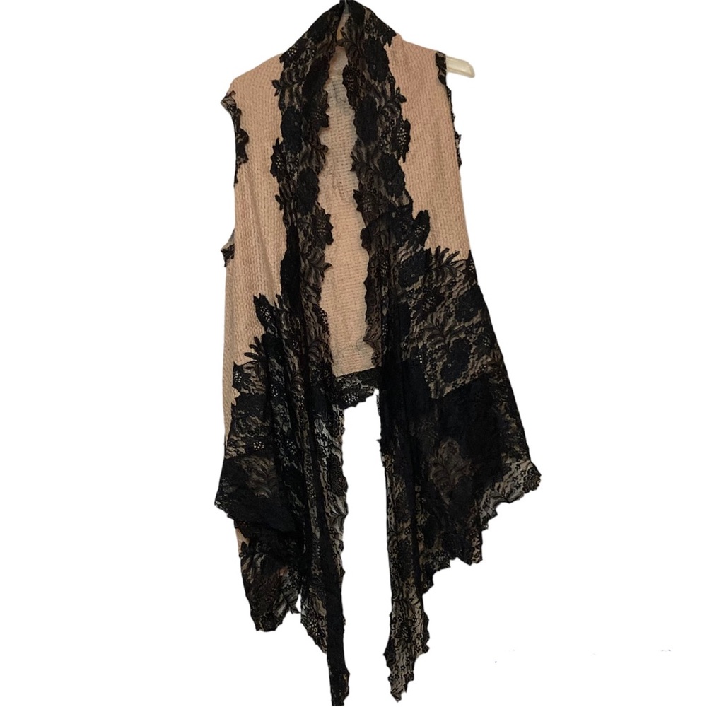 Wool Lace sleeveless tunic vest duster top Lagenlook wool sutra pink black
